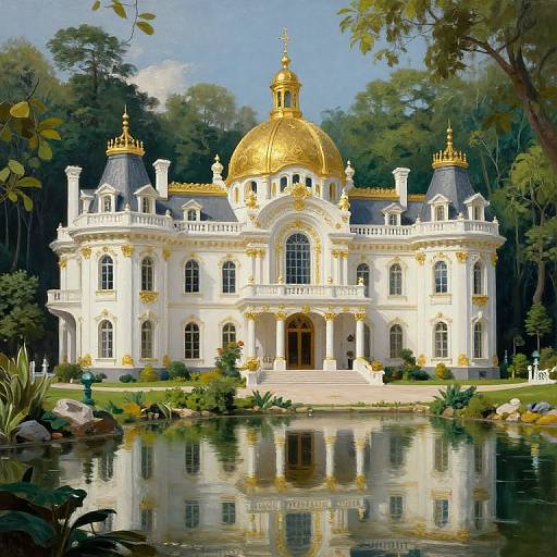 Photorealistic painting of an ornate, white and gold Baroque-style mansion with a large dome, surrounded by lush greenery and a reflective pond