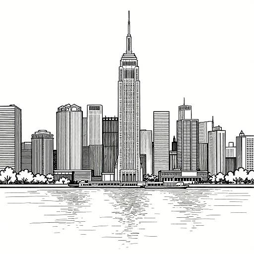 Black-and-white line drawing of a city skyline with tall skyscrapers, including a prominent, pointed building in the center, overlooking a calm river.