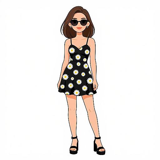 Digital drawing of a woman with brown hair, wearing black daisy-patterned dress, black sunglasses, black high heels, and standing against a white background