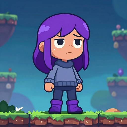 Digital cartoon of a sad, purple-haired girl in a blue sweater, standing on a grassy, floating island in a blue, nighttime sky.
