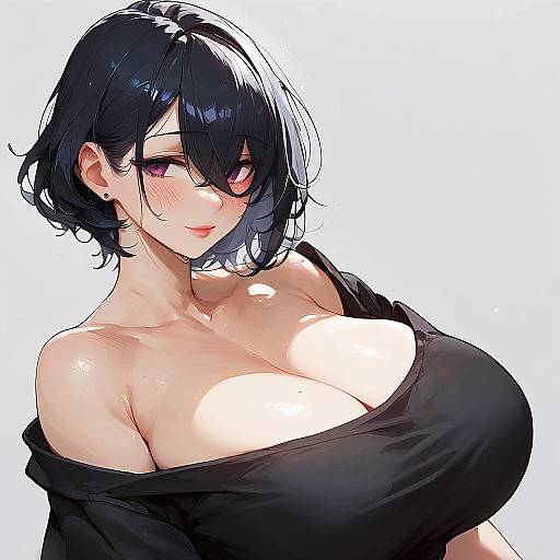Anime Style Woman with Black Hair and Large Breasts