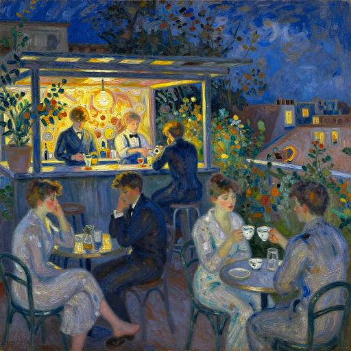 Impressionist painting of a cozy nighttime café, with four elegantly dressed people sipping tea, illuminated by warm yellow lights, surrounded by lush green
