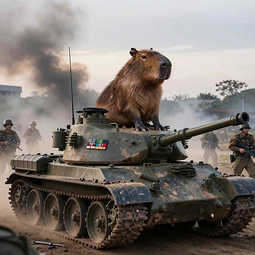 Military Capybara on Battlefield Tank
