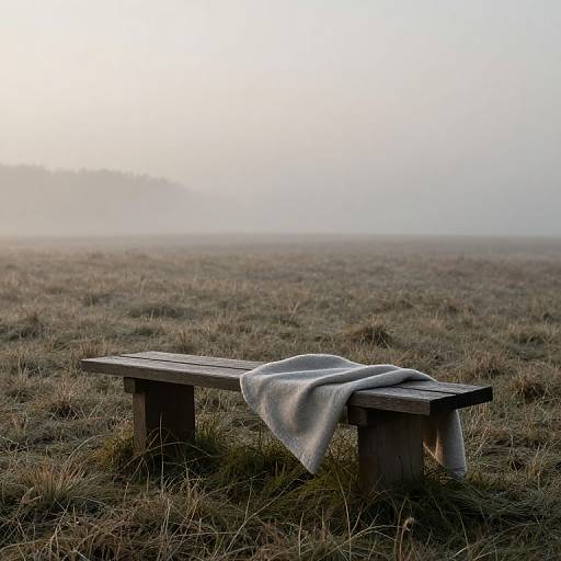 Photograph of a wooden bench in a misty, grassy field, with a gray blanket draped over the seat, at sunrise.