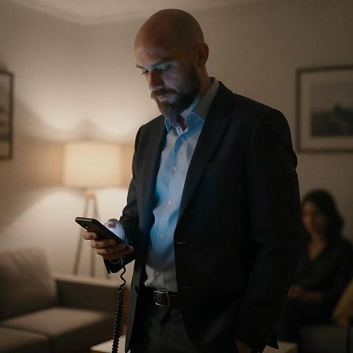 Dimly Lit Man with Corded Phone