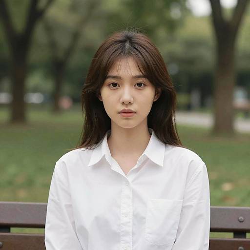 Photograph of an Asian woman with long black hair, wearing a white button-up shirt, seated on a wooden bench in a blurred green park background.