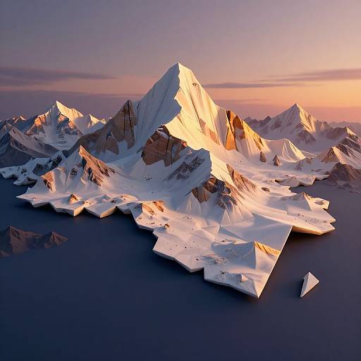 Photorealistic CGI of a snow-covered mountain range at sunrise, with peaks illuminated in golden light, floating on a dark ocean.