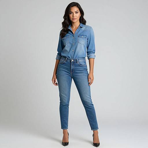 Photograph of a confident woman with long black hair, wearing a blue denim shirt and matching jeans, black heels, standing against a plain white background.