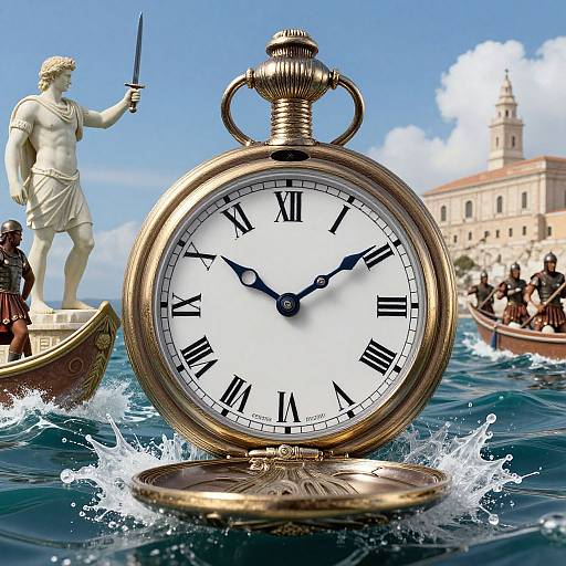 Photorealistic image: Antique gold pocket watch with black Roman numerals, submerged in ocean, with classical statue, Roman soldiers, and historical building in