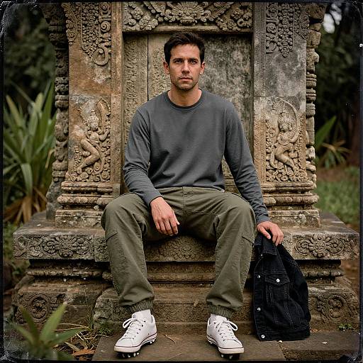 Photograph of a young man with short dark hair, wearing a gray long-sleeve shirt, olive pants, and white sneakers, sitting on an