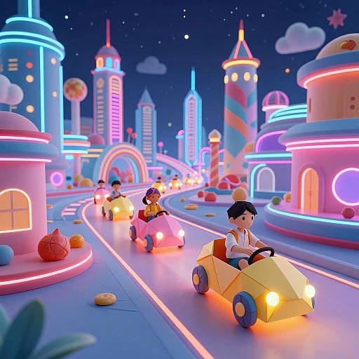 Vibrant digital illustration of three children riding neon-lit toy cars through a colorful, futuristic cityscape with glowing skyscrapers and whimsical architecture