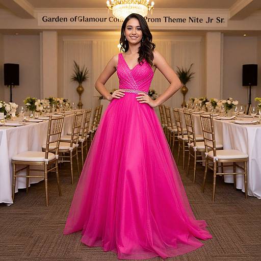Photograph of a smiling woman with dark hair in a vibrant pink, sleeveless ball gown, standing in an elegant event room.