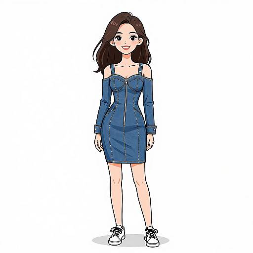 Digital anime-style drawing of a smiling woman with long brown hair, wearing an off-the-shoulder blue denim dress and white sneakers.