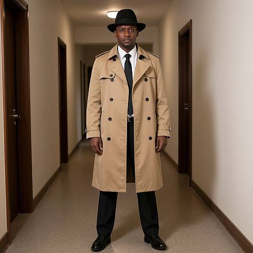 Photograph of a Black man in a black fedora, beige trench coat, black tie, and black pants, standing in a dimly lit hallway