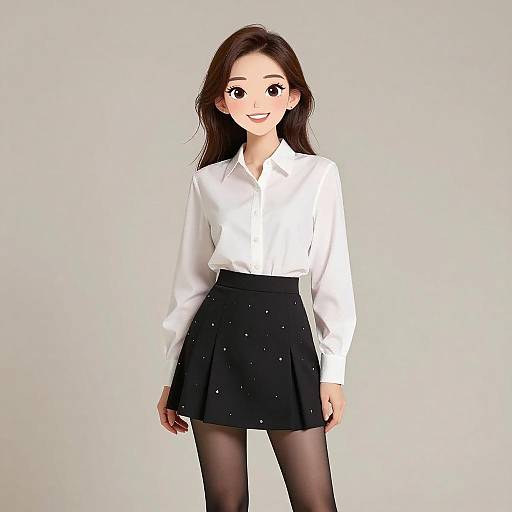 Anime-style digital illustration of a smiling young woman with long brown hair, wearing a white button-up shirt, black skirt with white dots, and black stockings