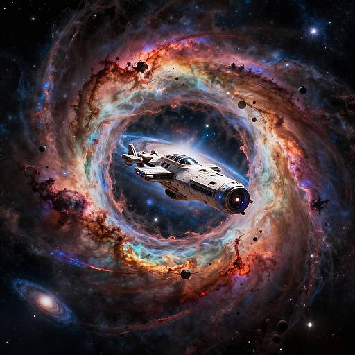 Futuristic Spaceship Traveling Through Wormhole