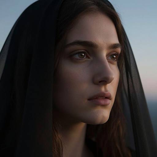 Photograph of a young woman with long dark hair, fair skin, and brown eyes, wearing a black veil, gazing pensively into the distance