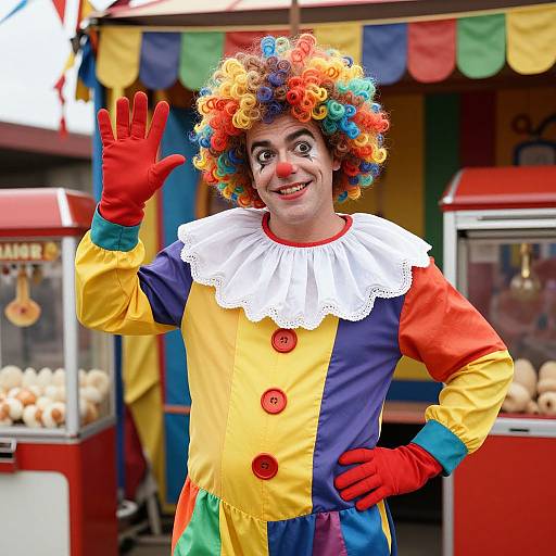 Colorful clown with curly rainbow wig, white ruffled collar, yellow-blue-purple-red outfit, red gloves, waving, smiling, behind a food stand