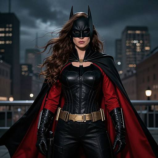 Photograph of a fierce Batwoman in black leather suit, red-lined cape, black mask, and gloves, standing confidently at night in a cityscape
