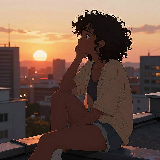Digital illustration of a curly-haired woman in a beige shirt and denim shorts, sitting on a rooftop at sunset, cityscape in background. She rests her