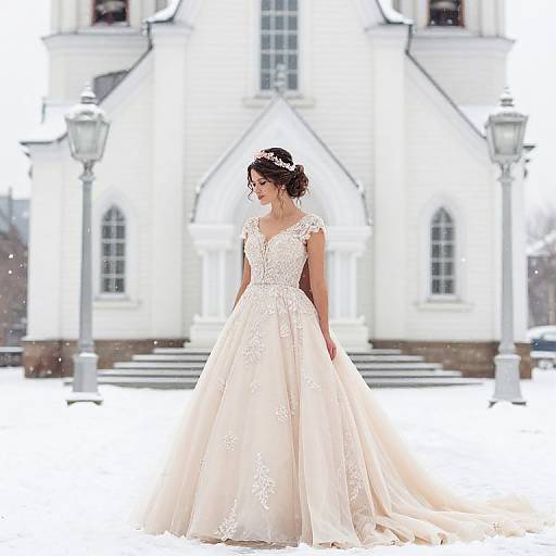 Photograph of a bride in an elegant, ivory lace wedding dress with a flowing skirt, standing in front of a white, historic building with lampp