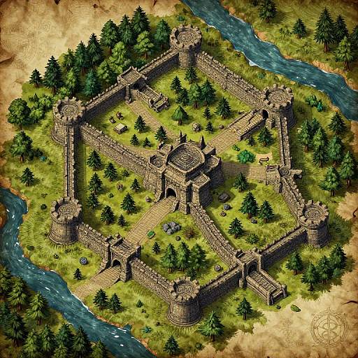 Digital illustration of a medieval stone castle with four towers, surrounded by lush greenery and a winding river, viewed from above.