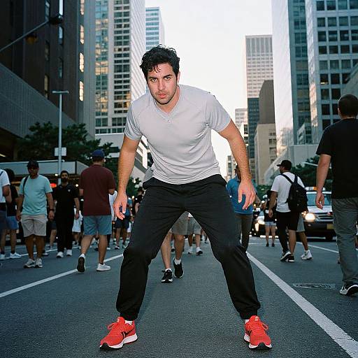 Photograph of a muscular man with short black hair, white t-shirt, black pants, and red sneakers, crouching in a city street,