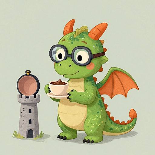Cute cartoon dragon with green scales, orange horns, and glasses, holds a cup while standing next to a small, gray lighthouse.