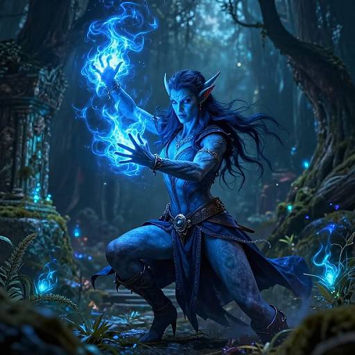 Digital artwork of a blue-skinned, elven sorceress kneeling in a mystical forest, conjuring glowing blue fire with her hands.