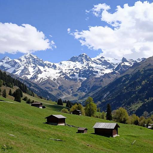 Photograph of a vibrant green meadow with rustic wooden cabins, leading to a backdrop of towering, snow-capped mountains under a bright blue sky with