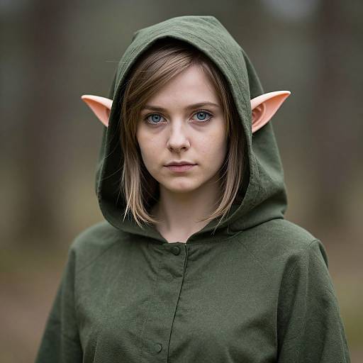 Photograph of a young girl with pale skin, blue eyes, and shoulder-length brown hair, wearing a green hooded cloak with elf ears, standing