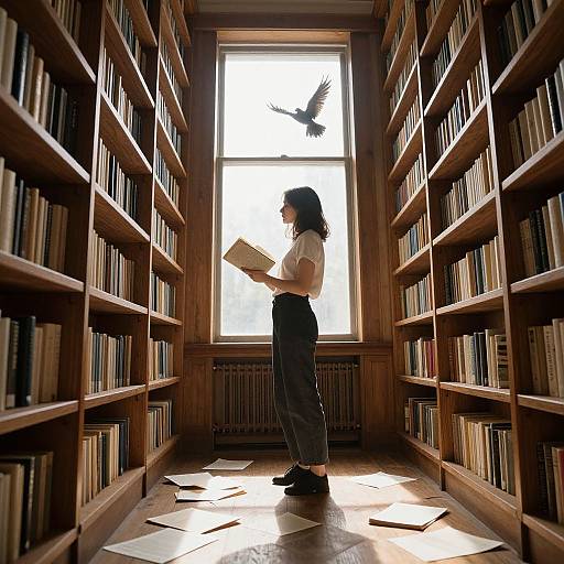 Photograph of a woman with black hair and glasses, standing in a wooden library aisle, reading a book, with a bird flying outside a bright window