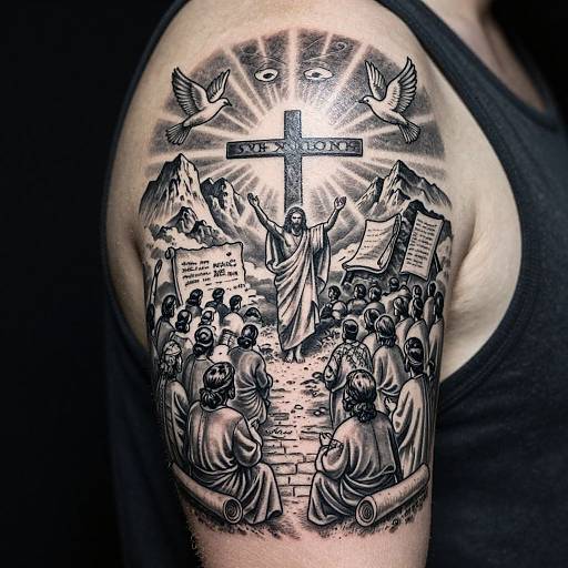 Tattoo on a man's arm: detailed black and white depiction of Jesus with outstretched arms, cross above, birds, crowd, mountains