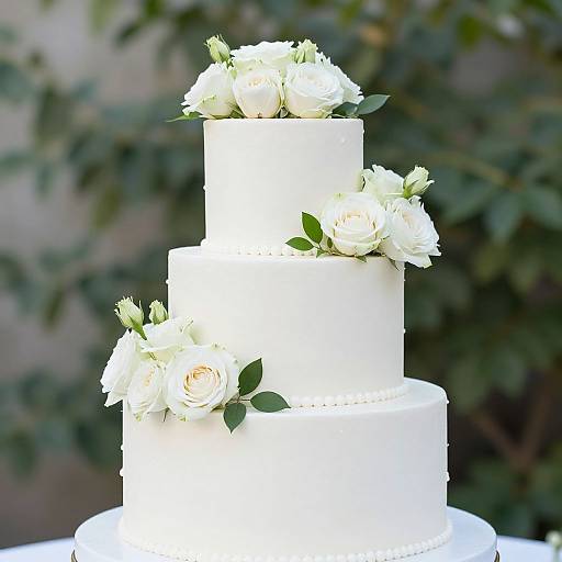 Photograph of a three-tiered white wedding cake adorned with white roses and green leaves, set against a blurred green outdoor background.