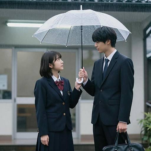 Japanese Students Sharing an Umbrella in the Rain