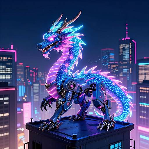 Neon-lit, cyber-dragon with glowing blue, purple, and pink scales stands on a rooftop against a futuristic cityscape at night. Digital