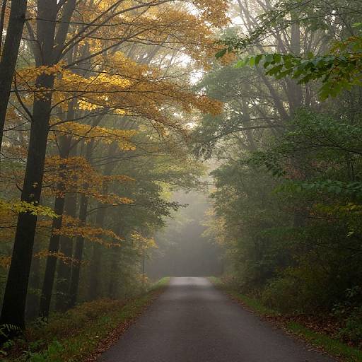 Photograph of a misty, narrow forest path lined with tall trees, their leaves in autumn hues of yellow and green.