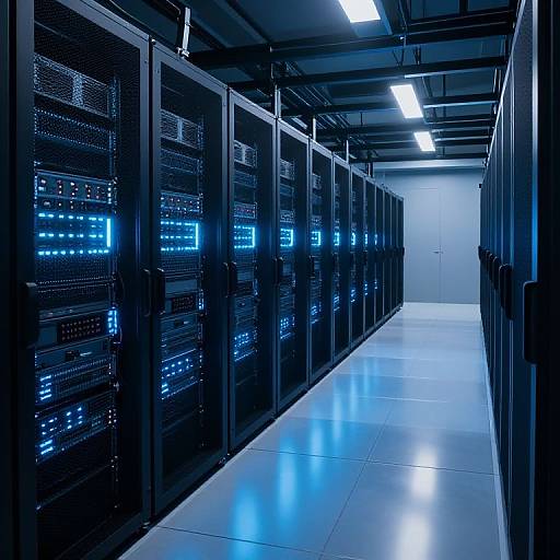 Photograph of a brightly lit, modern data center hallway with long rows of black, blue-lit server racks on both sides.