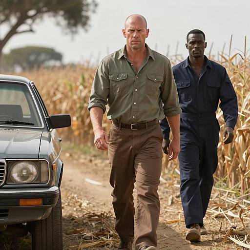 Two Men Walking in Dry Cornfield with Old Car
