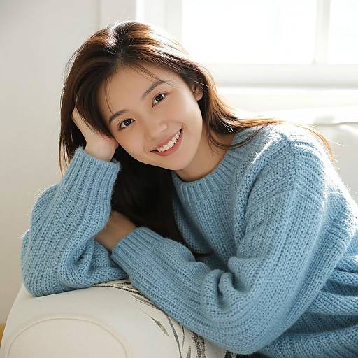 Photograph of a smiling Asian woman with long black hair, wearing a light blue knitted sweater, leaning on a white couch in bright sunlight.