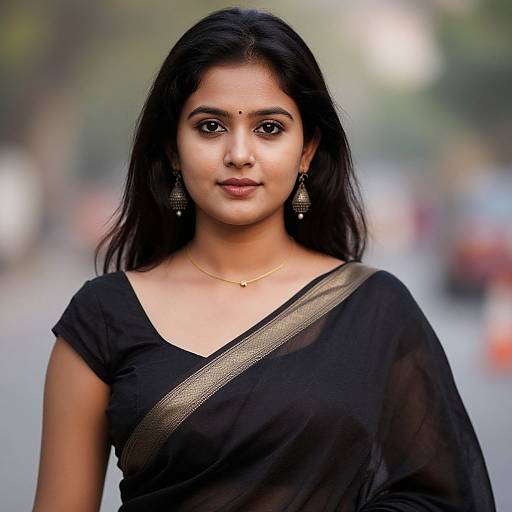 Photograph of a young Indian woman with dark hair, wearing a black saree with gold accents, gold earrings, and a gold necklace, standing on