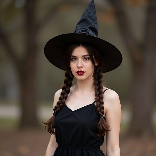 Photograph of a pale-skinned young woman with red lipstick, black witch hat, and twin braids, wearing a black dress, standing in a