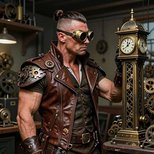 Muscular man with leather vest, goggles, and topknot checks ornate brass clock in steampunk workshop, surrounded by gears. Photoreal