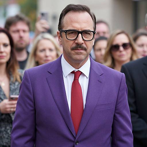 Photograph of a middle-aged man with a mustache, wearing black-rimmed glasses, a purple suit, white shirt, and red tie,