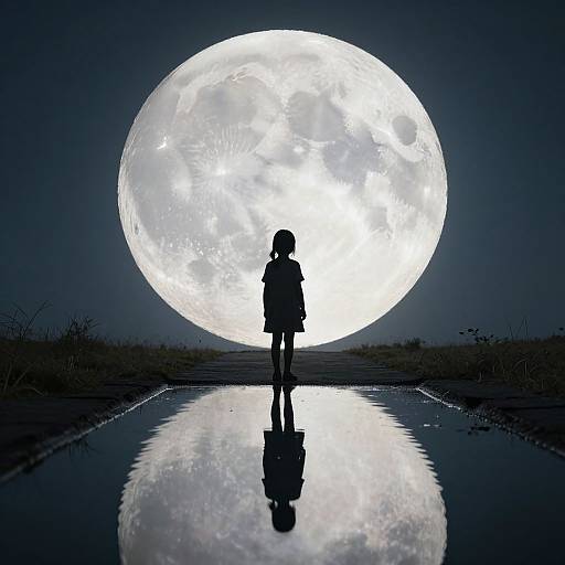 Silhouette of a girl in a school uniform standing in front of a massive, bright full moon reflected in a puddle at night.