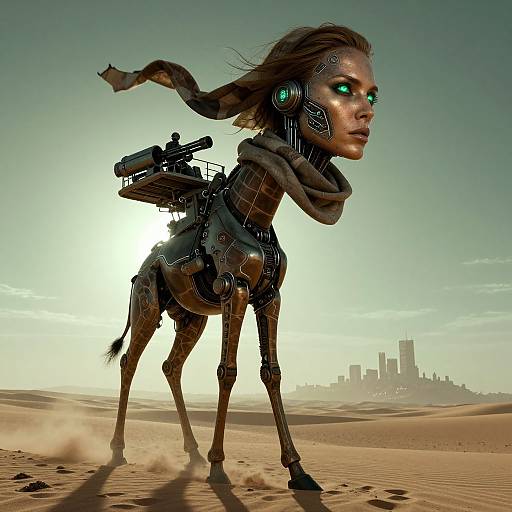 Digital artwork of a cybernetic horse-woman with green eyes, brown scarf, and mechanical armor in a desert with a city skyline.