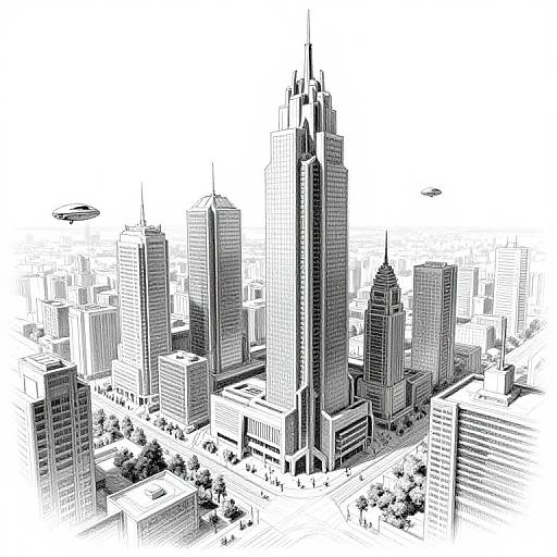 Black-and-white digital illustration of a modern cityscape featuring tall skyscrapers, varied architectural styles, and tree-lined streets in the foreground.