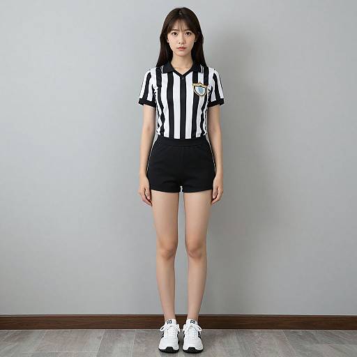 Photograph of an Asian woman with long black hair, wearing a black-and-white striped referee shirt, black shorts, and white sneakers, standing against a