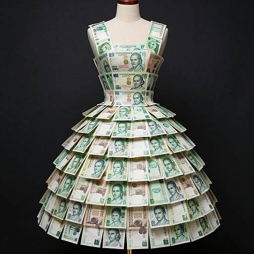 Photograph of a dress mannequin covered in numerous stacked and overlapping U.S. dollar bills, creating a unique, money-themed fashion design against a