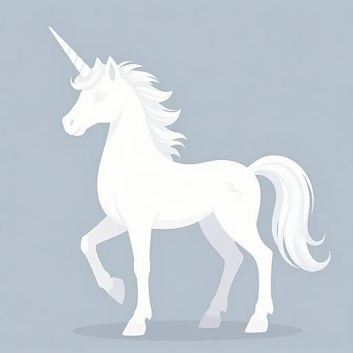 Silhouette of a white unicorn with a flowing mane and tail, standing on a light blue background. Minimalist, digital art style.